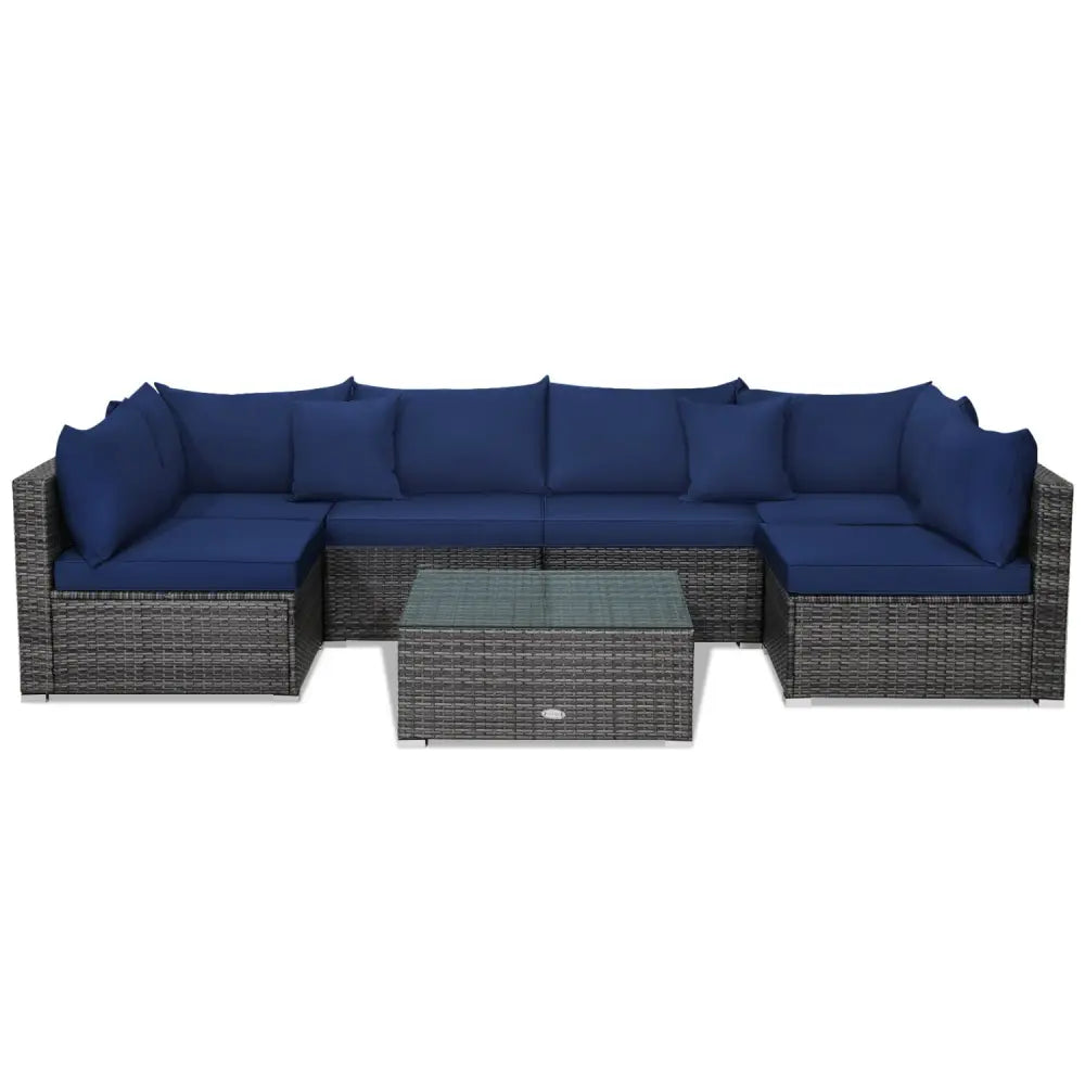 7 Pieces Patio Rattan Furniture Set Sectional Sofa Garden Cushion-Navy - Navy - Outdoor Sectionals