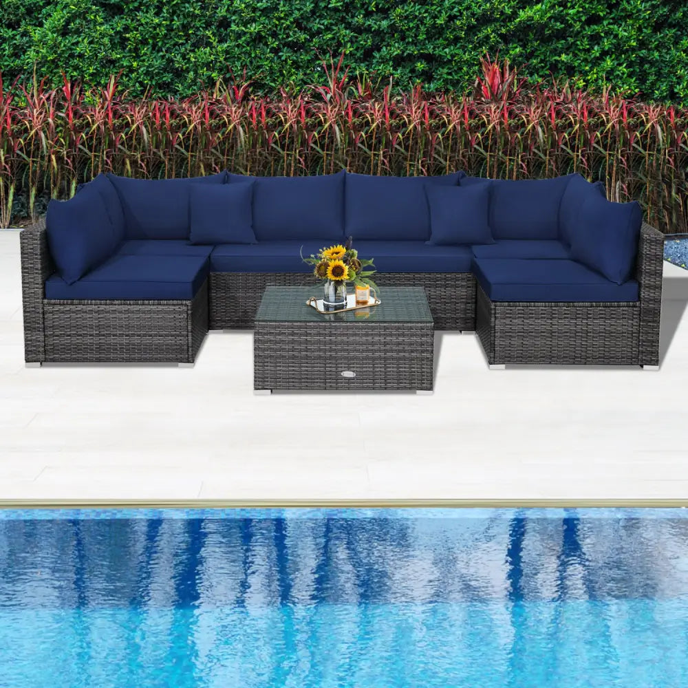 7 Pieces Patio Rattan Furniture Set Sectional Sofa Garden Cushion-Navy - Navy - Outdoor Sectionals
