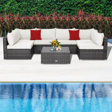 7 Pieces Patio Rattan Furniture Set Sectional Sofa Garden Cushion-White - White - Outdoor Sectionals