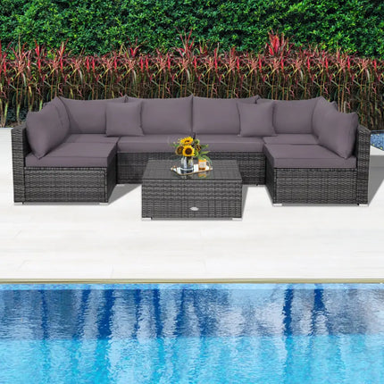 7 Pieces Patio Rattan Furniture Set Sectional Sofa Garden Cushion-Gray - Gray - Outdoor Sectionals
