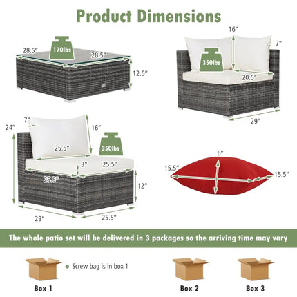 7 Pieces Patio Rattan Furniture Set Sectional Sofa Garden Cushion-White - White - Outdoor Sectionals