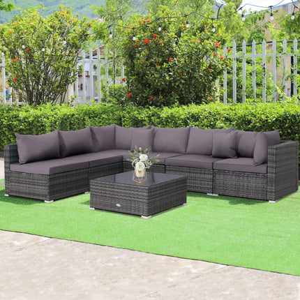 7 Pieces Patio Rattan Furniture Set Sectional Sofa Garden Cushion-Gray - Gray - Outdoor Sectionals