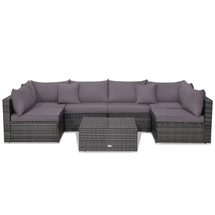 7 Pieces Patio Rattan Furniture Set Sectional Sofa Garden Cushion-Gray - Gray - Outdoor Sectionals