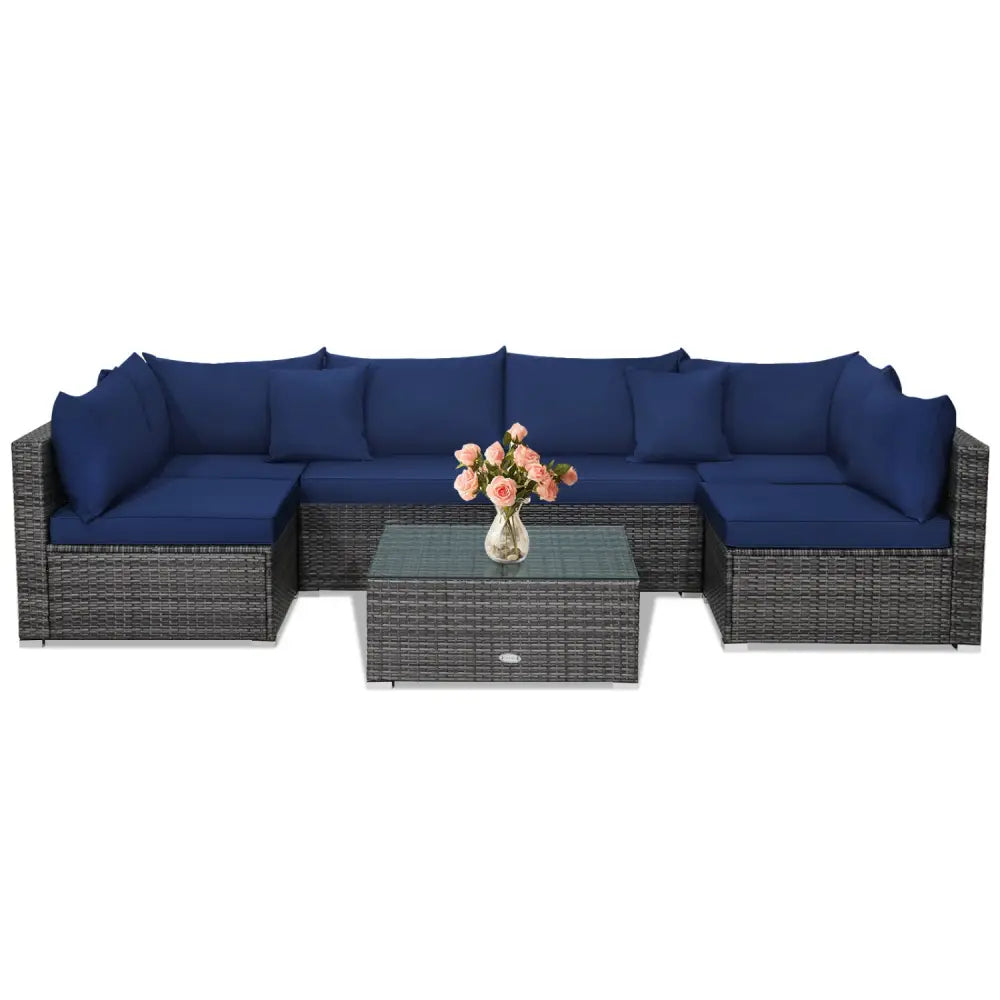 7 Pieces Patio Rattan Furniture Set Sectional Sofa Garden Cushion-Navy - Navy - Outdoor Sectionals