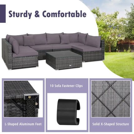 7 Pieces Patio Rattan Furniture Set Sectional Sofa Garden Cushion-Gray - Gray - Outdoor Sectionals