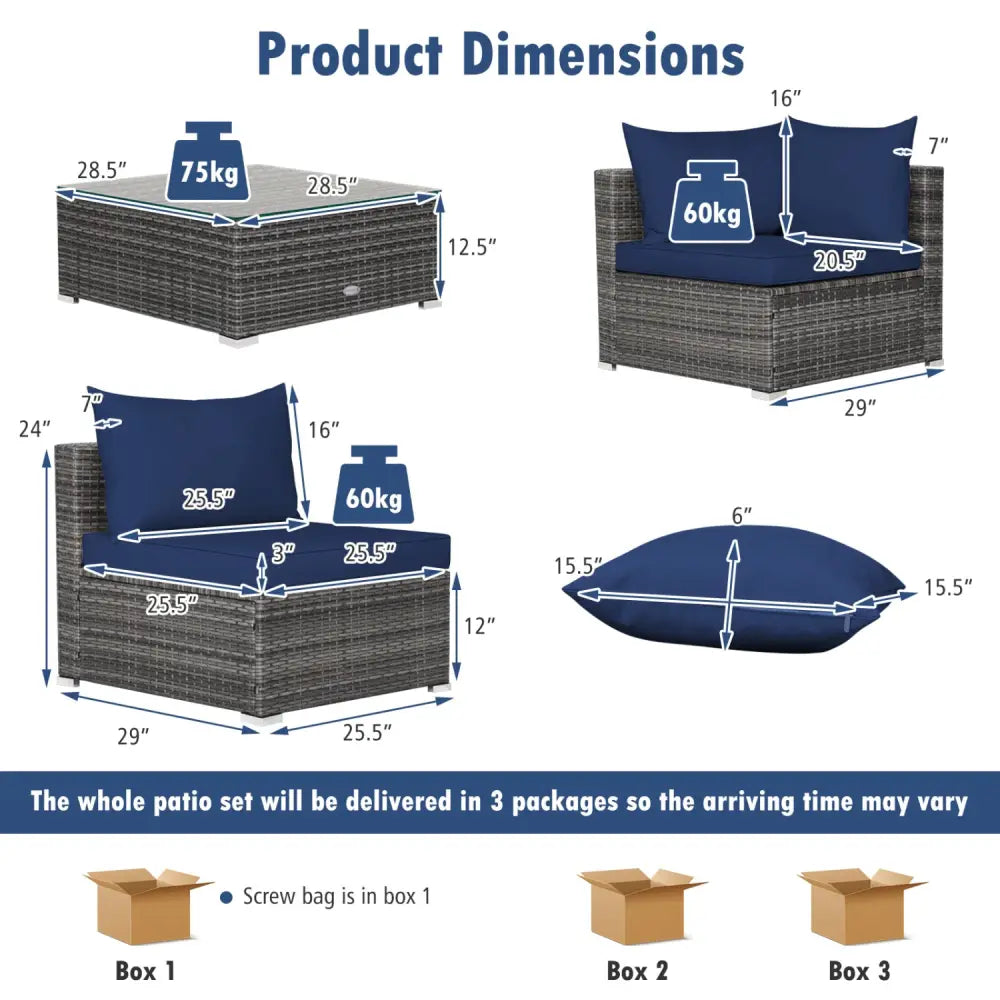 7 Pieces Patio Rattan Furniture Set Sectional Sofa Garden Cushion-Navy - Navy - Outdoor Sectionals