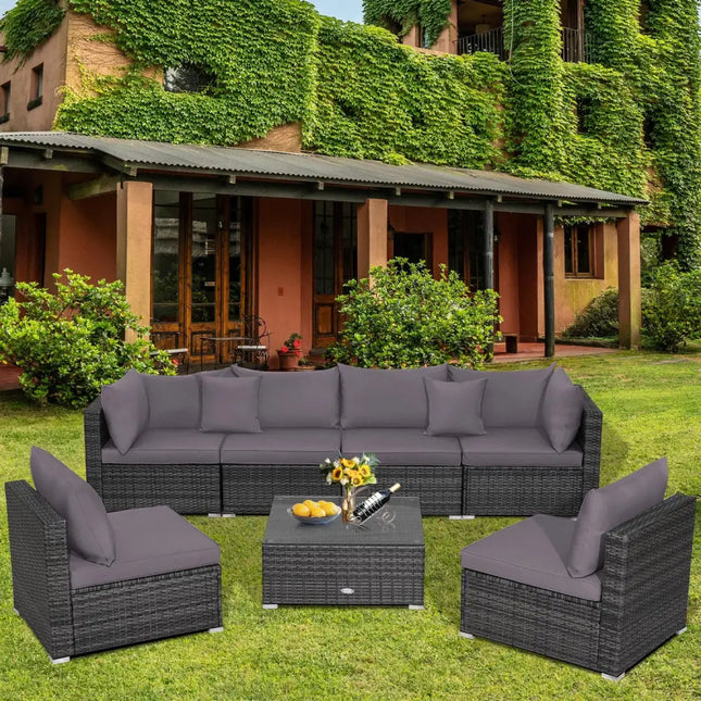 7 Pieces Patio Rattan Furniture Set Sectional Sofa Garden Cushion-Gray - Gray - Outdoor Sectionals