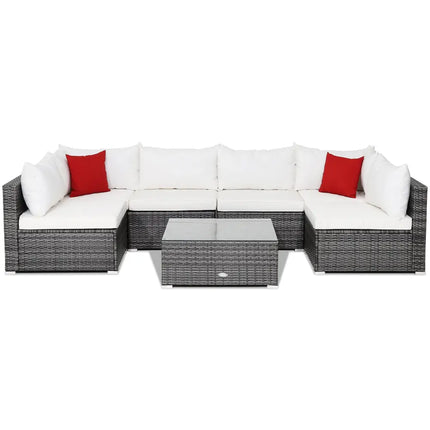 7 Pieces Patio Rattan Furniture Set Sectional Sofa Garden Cushion-White - White - Outdoor Sectionals