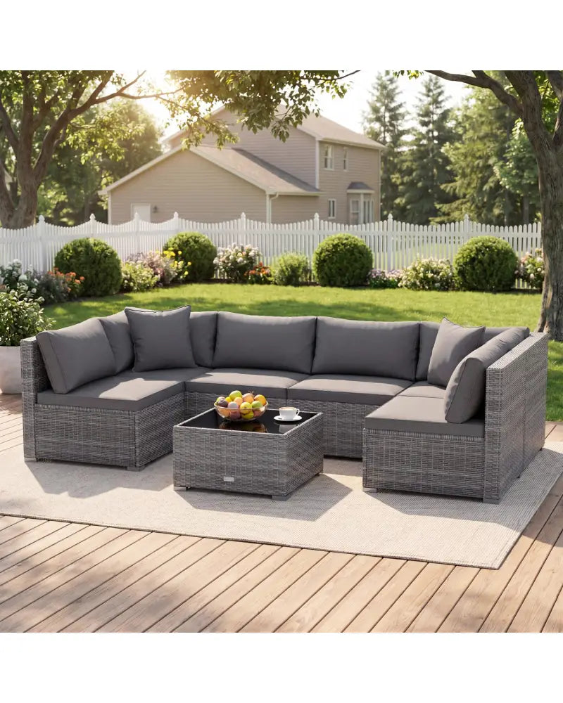 7 Pieces Patio Rattan Furniture Set Sectional Sofa Garden Cushion-Gray - Gray - Outdoor Sectionals