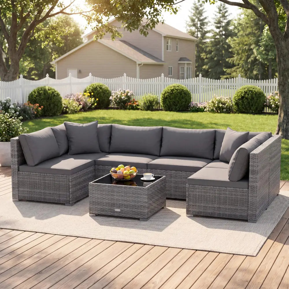 7 Pieces Patio Rattan Furniture Set Sectional Sofa Garden Cushion-Gray - Gray - Outdoor Sectionals