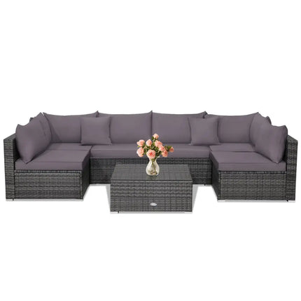 7 Pieces Patio Rattan Furniture Set Sectional Sofa Garden Cushion-Gray - Gray - Outdoor Sectionals