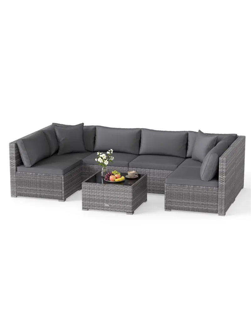 7 Pieces Patio Rattan Furniture Set Sectional Sofa Garden Cushion-Gray - Gray - Outdoor Sectionals