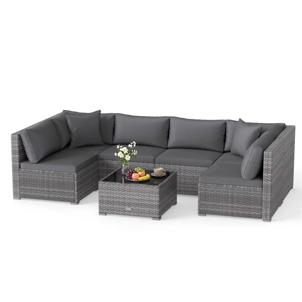 7 Pieces Patio Rattan Furniture Set Sectional Sofa Garden Cushion-Gray - Gray - Outdoor Sectionals