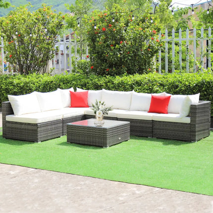7 Pieces Patio Rattan Furniture Set Sectional Sofa Garden Cushion-White - White - Outdoor Sectionals