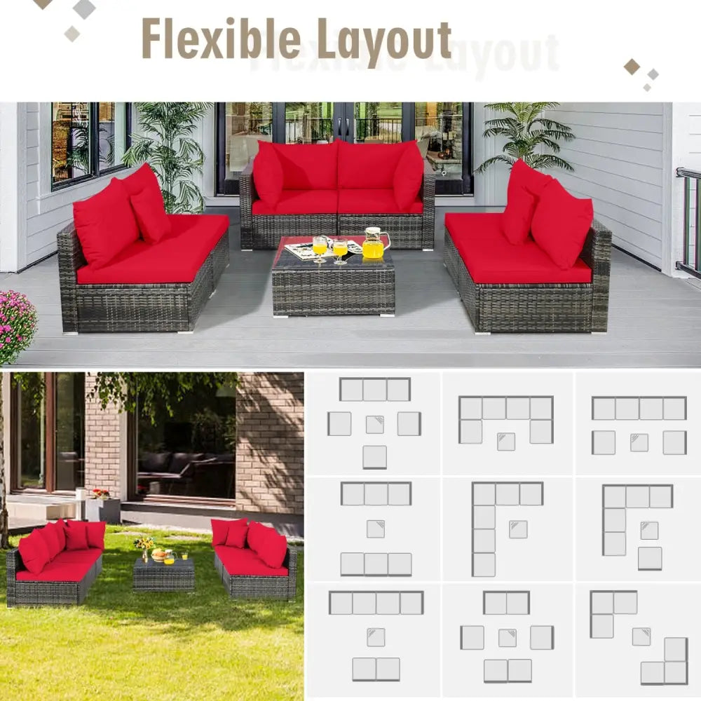 7 Pieces Patio Rattan Furniture Set Sectional Sofa Garden Cushion-Red - Red - Outdoor Sectionals