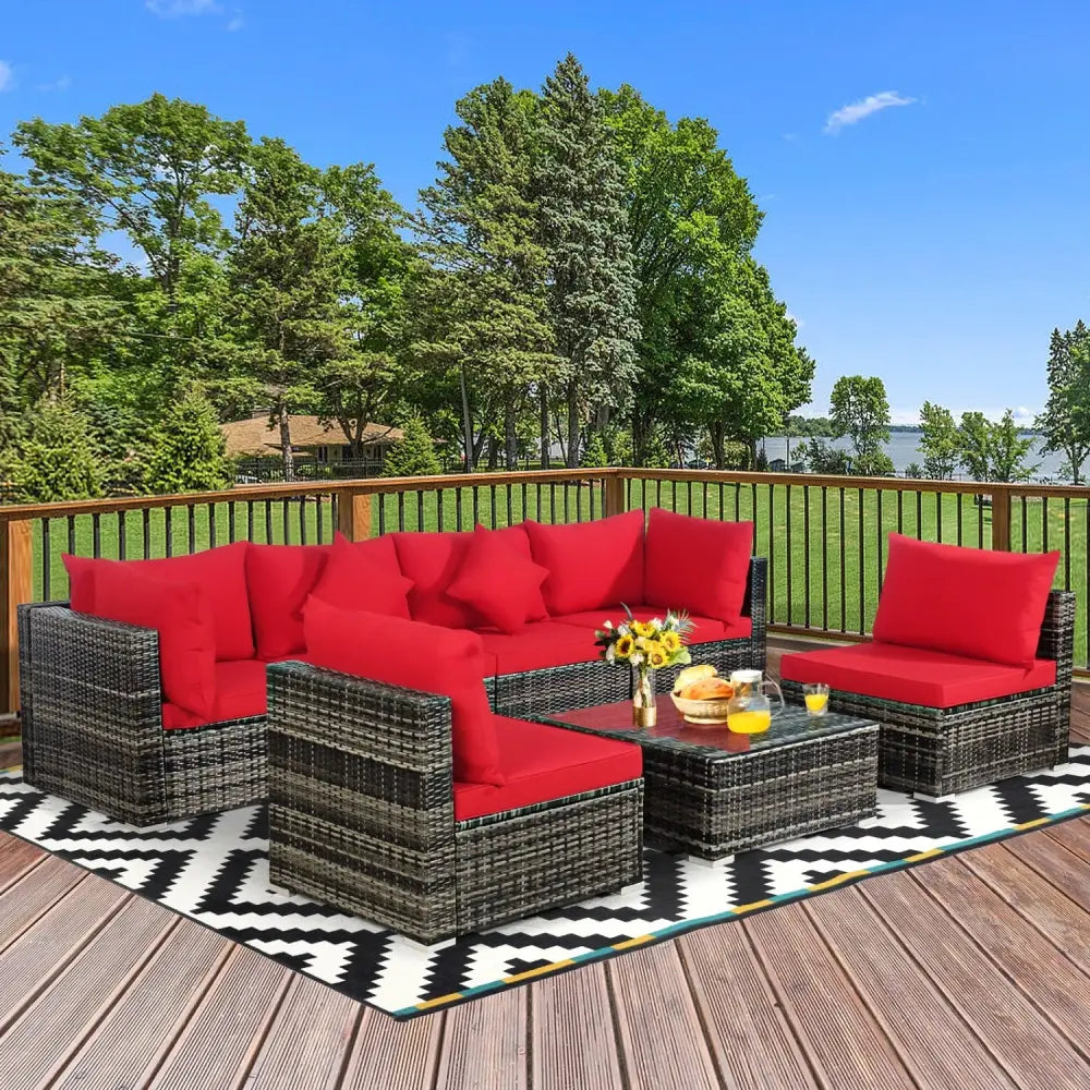 7 Pieces Patio Rattan Furniture Set Sectional Sofa Garden Cushion-Red - Red - Outdoor Sectionals