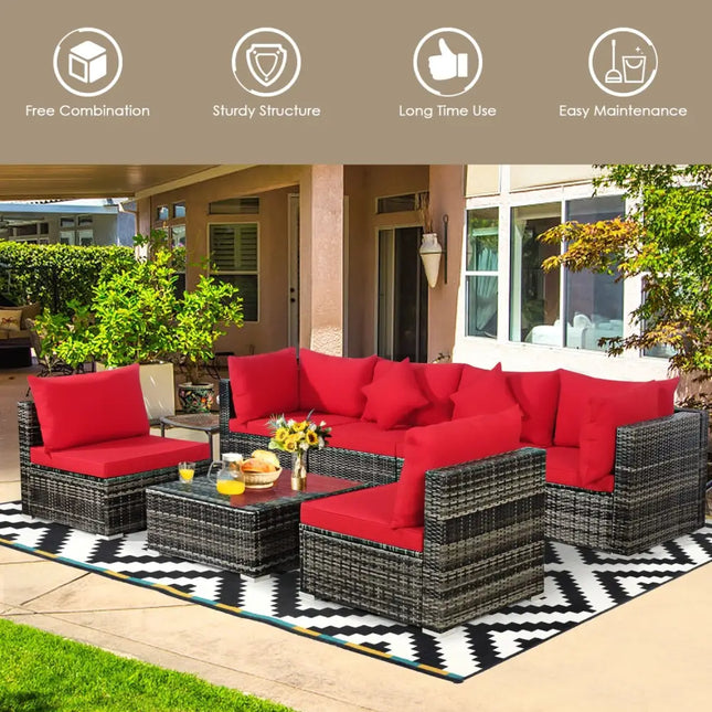 7 Pieces Patio Rattan Furniture Set Sectional Sofa Garden Cushion-Red - Red - Outdoor Sectionals