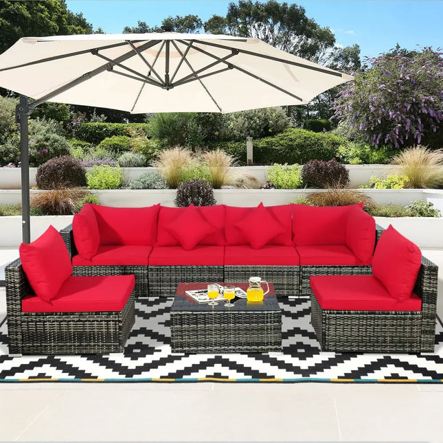 7 Pieces Patio Rattan Furniture Set Sectional Sofa Garden Cushion-Red - Red - Outdoor Sectionals