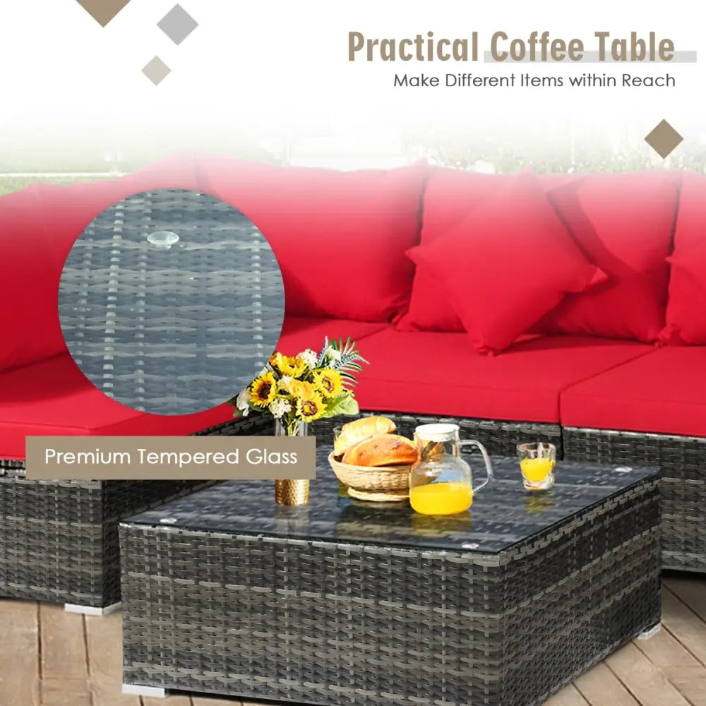 7 Pieces Patio Rattan Furniture Set Sectional Sofa Garden Cushion-Red - Red - Outdoor Sectionals