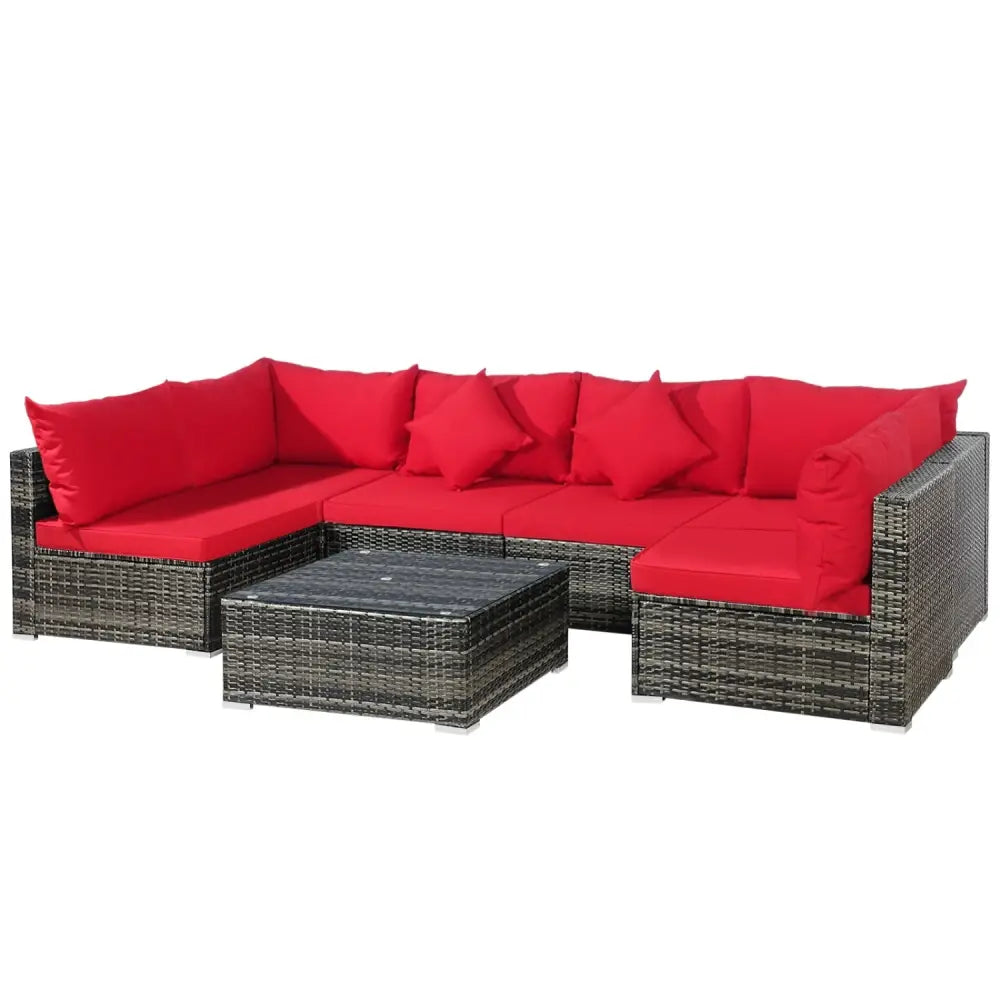 7 Pieces Patio Rattan Furniture Set Sectional Sofa Garden Cushion-Red - Red - Outdoor Sectionals