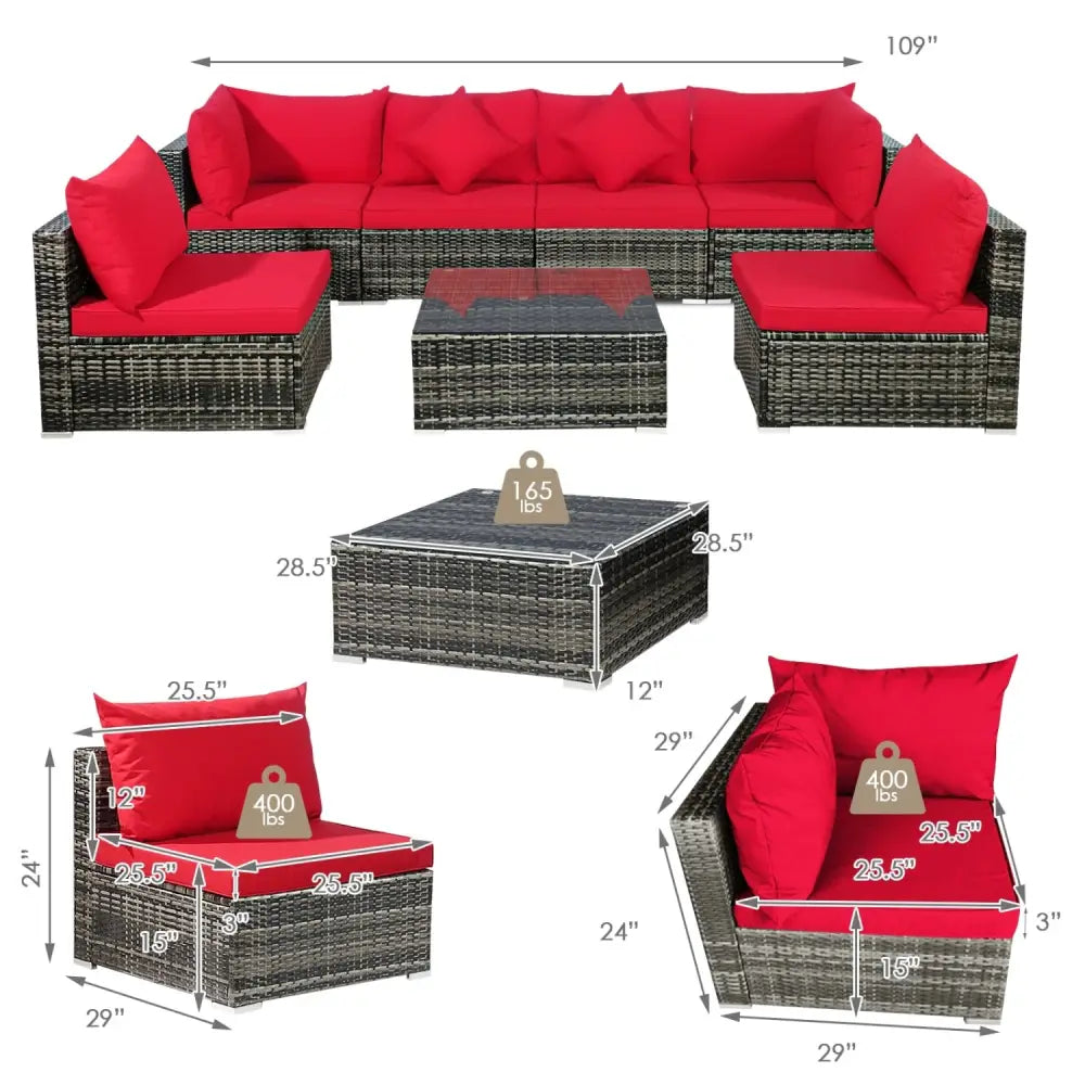 7 Pieces Patio Rattan Furniture Set Sectional Sofa Garden Cushion-Red - Red - Outdoor Sectionals