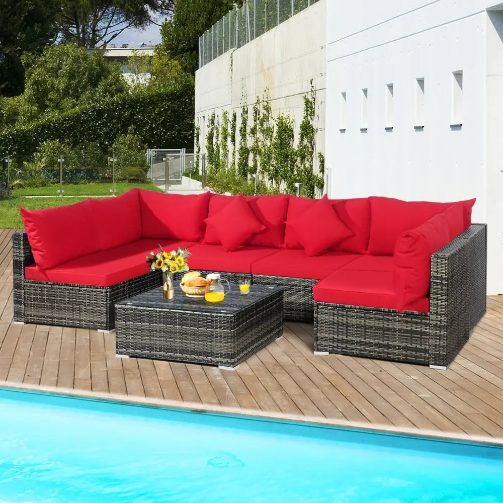 7 Pieces Patio Rattan Furniture Set Sectional Sofa Garden Cushion-Red - Red - Outdoor Sectionals