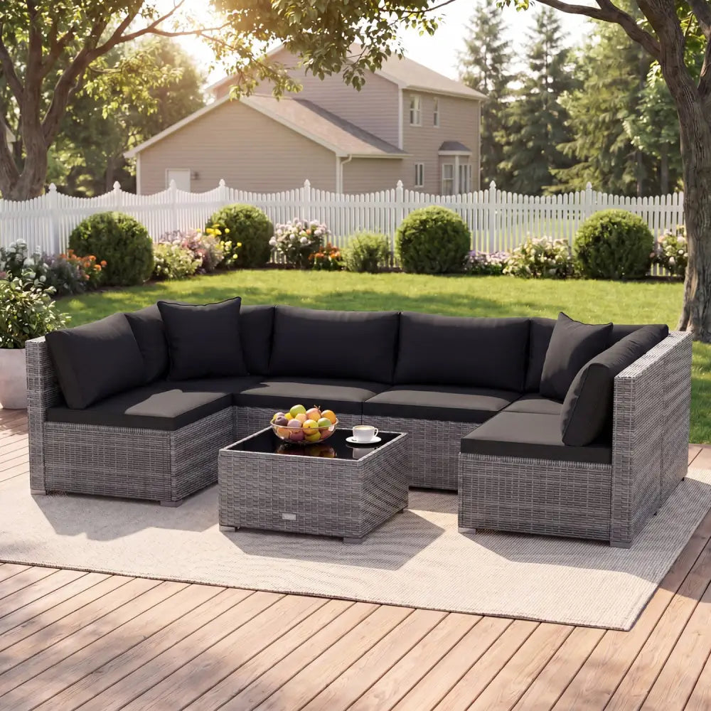 7 Pieces Patio Rattan Furniture Set with Sectional Sofa Cushioned-Black - Black - Outdoor Sectionals