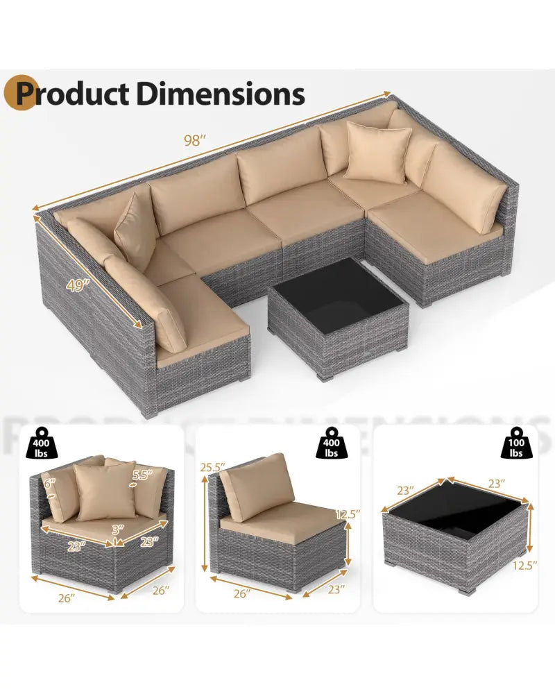 7 Pieces Patio Rattan Furniture Set with Sectional Sofa Cushioned-Beige - Beige - Outdoor Sectionals