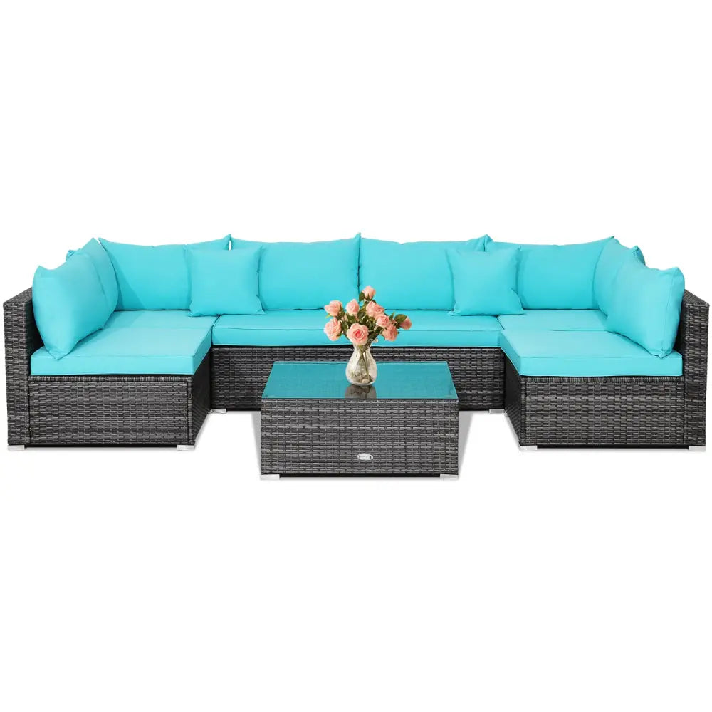 7 Pieces Patio Rattan Furniture Set with Sectional Sofa Cushioned-Turquoise - Turquoise - Outdoor Sectionals