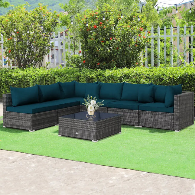 7 Pieces Patio Rattan Furniture Set with Sectional Sofa Cushioned-Green - Green - Outdoor Sectionals