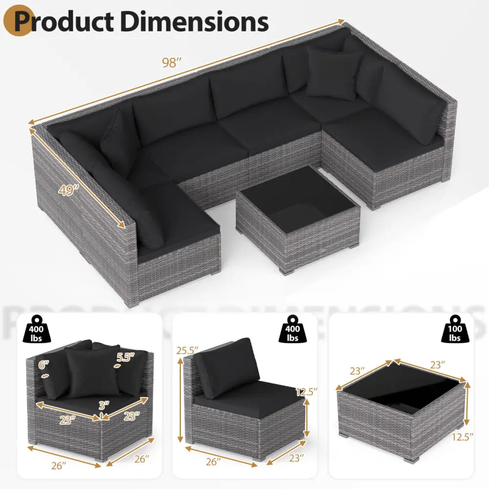 7 Pieces Patio Rattan Furniture Set with Sectional Sofa Cushioned-Black - Black - Outdoor Sectionals
