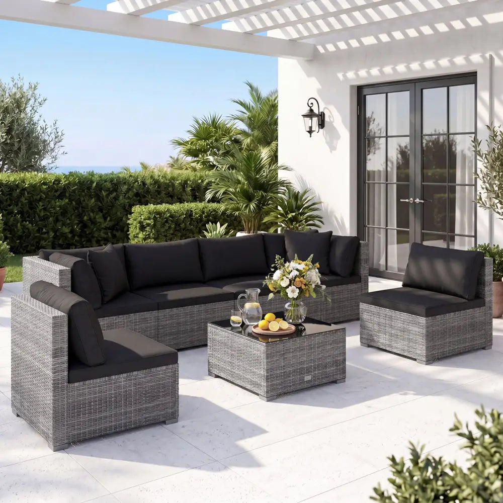 7 Pieces Patio Rattan Furniture Set with Sectional Sofa Cushioned-Black - Black - Outdoor Sectionals