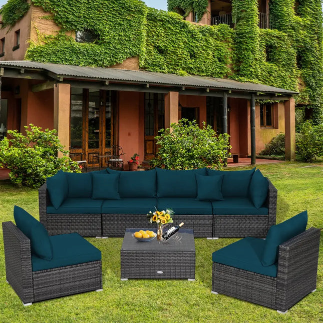 7 Pieces Patio Rattan Furniture Set with Sectional Sofa Cushioned-Green - Green - Outdoor Sectionals