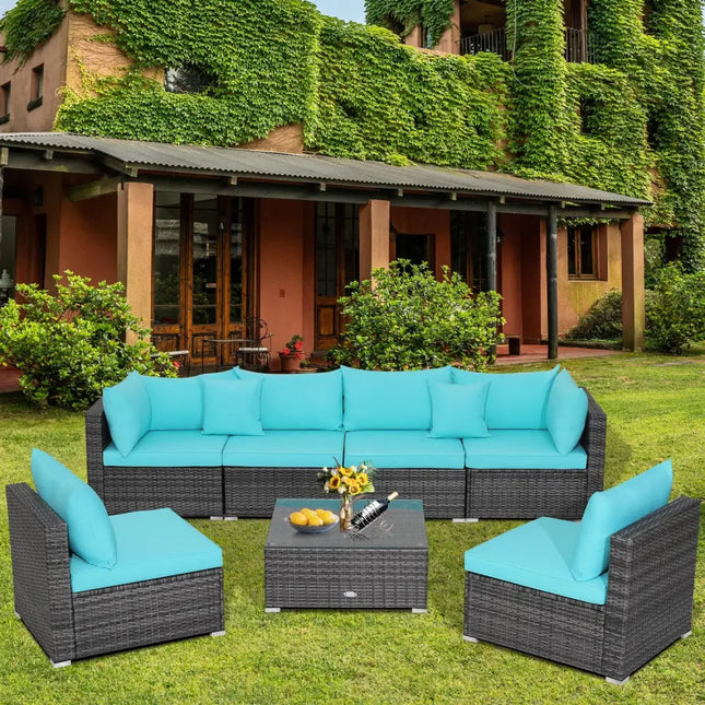 7 Pieces Patio Rattan Furniture Set with Sectional Sofa Cushioned-Turquoise - Turquoise - Outdoor Sectionals