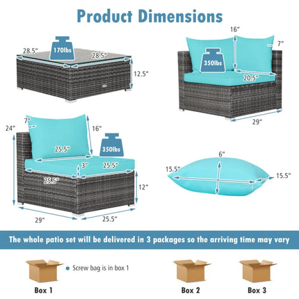 7 Pieces Patio Rattan Furniture Set with Sectional Sofa Cushioned-Turquoise - Turquoise - Outdoor Sectionals