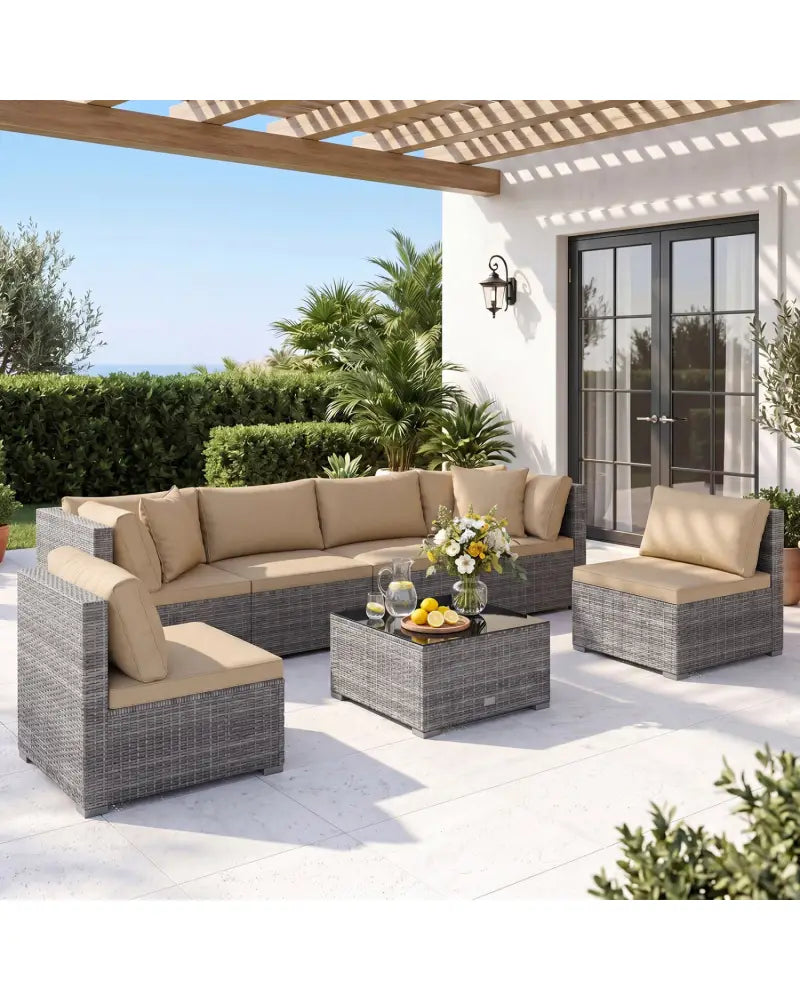 7 Pieces Patio Rattan Furniture Set with Sectional Sofa Cushioned-Beige - Beige - Outdoor Sectionals