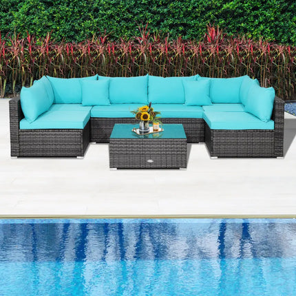 7 Pieces Patio Rattan Furniture Set with Sectional Sofa Cushioned-Turquoise - Turquoise - Outdoor Sectionals