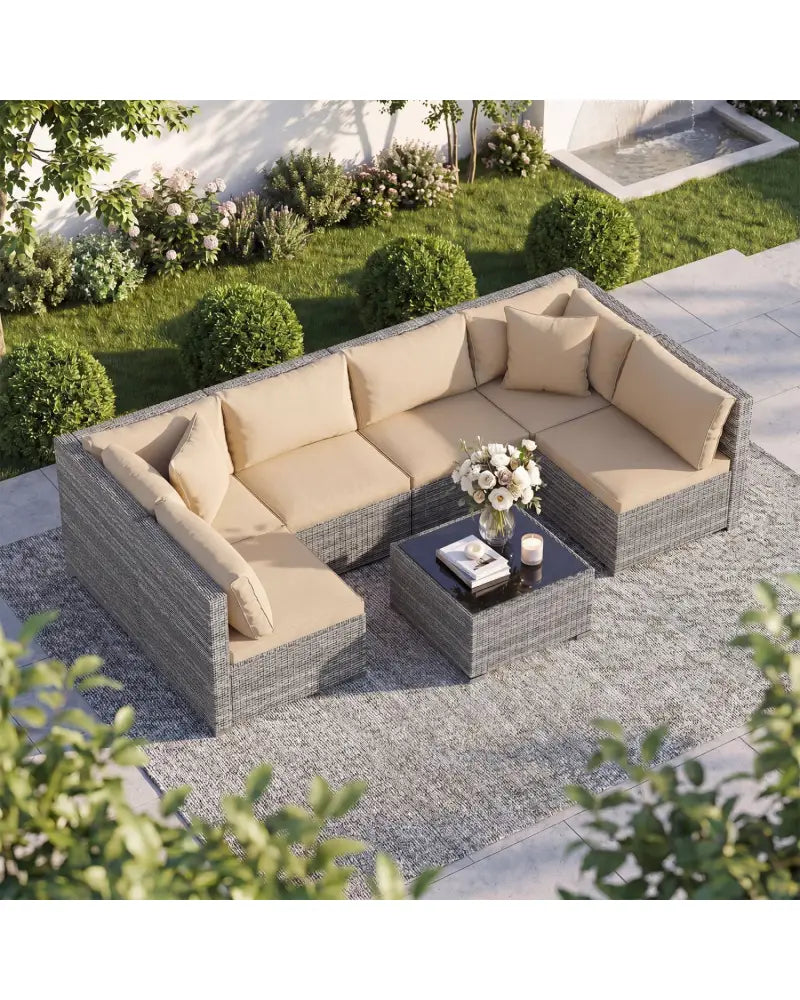 7 Pieces Patio Rattan Furniture Set with Sectional Sofa Cushioned-Beige - Beige - Outdoor Sectionals