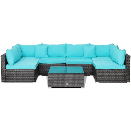 7 Pieces Patio Rattan Furniture Set with Sectional Sofa Cushioned-Turquoise - Turquoise - Outdoor Sectionals