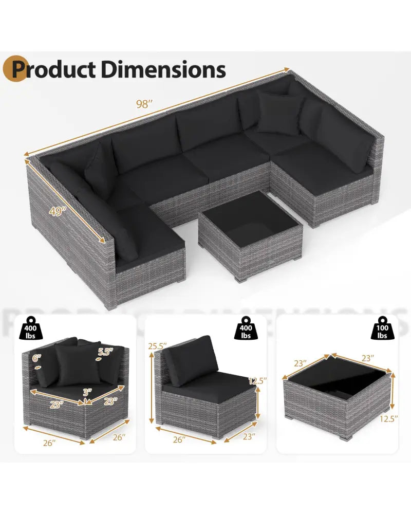 7 Pieces Patio Rattan Furniture Set with Sectional Sofa Cushioned-Black - Black - Outdoor Sectionals