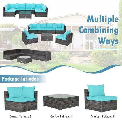 7 Pieces Patio Rattan Furniture Set with Sectional Sofa Cushioned-Turquoise - Turquoise - Outdoor Sectionals