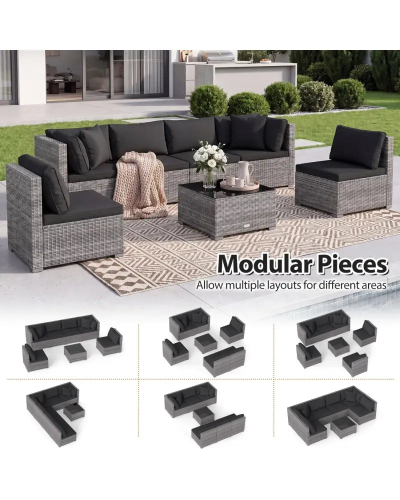 7 Pieces Patio Rattan Furniture Set with Sectional Sofa Cushioned-Black - Black - Outdoor Sectionals
