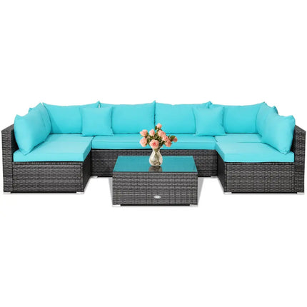 7 Pieces Patio Rattan Furniture Set with Sectional Sofa Cushioned-Turquoise - Turquoise - Outdoor Sectionals