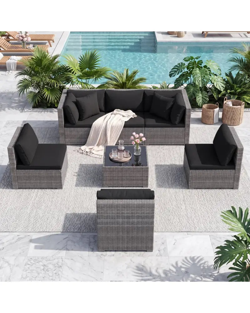 7 Pieces Patio Rattan Furniture Set with Sectional Sofa Cushioned-Black - Black - Outdoor Sectionals