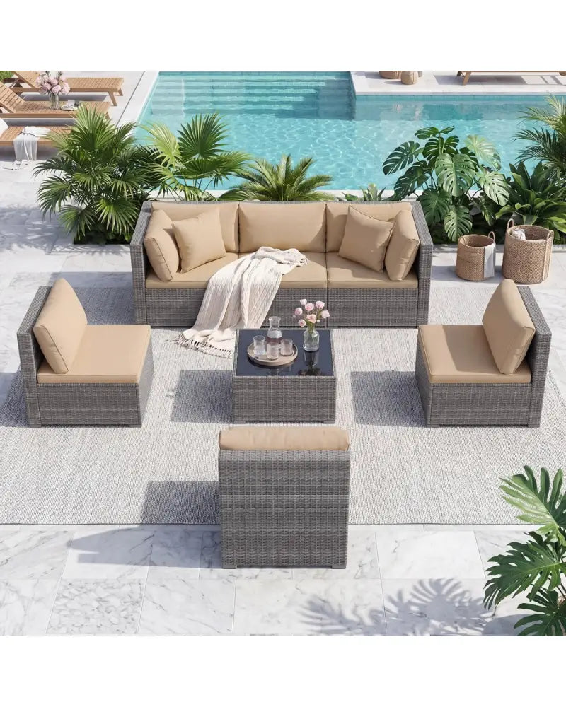 7 Pieces Patio Rattan Furniture Set with Sectional Sofa Cushioned-Beige - Beige - Outdoor Sectionals