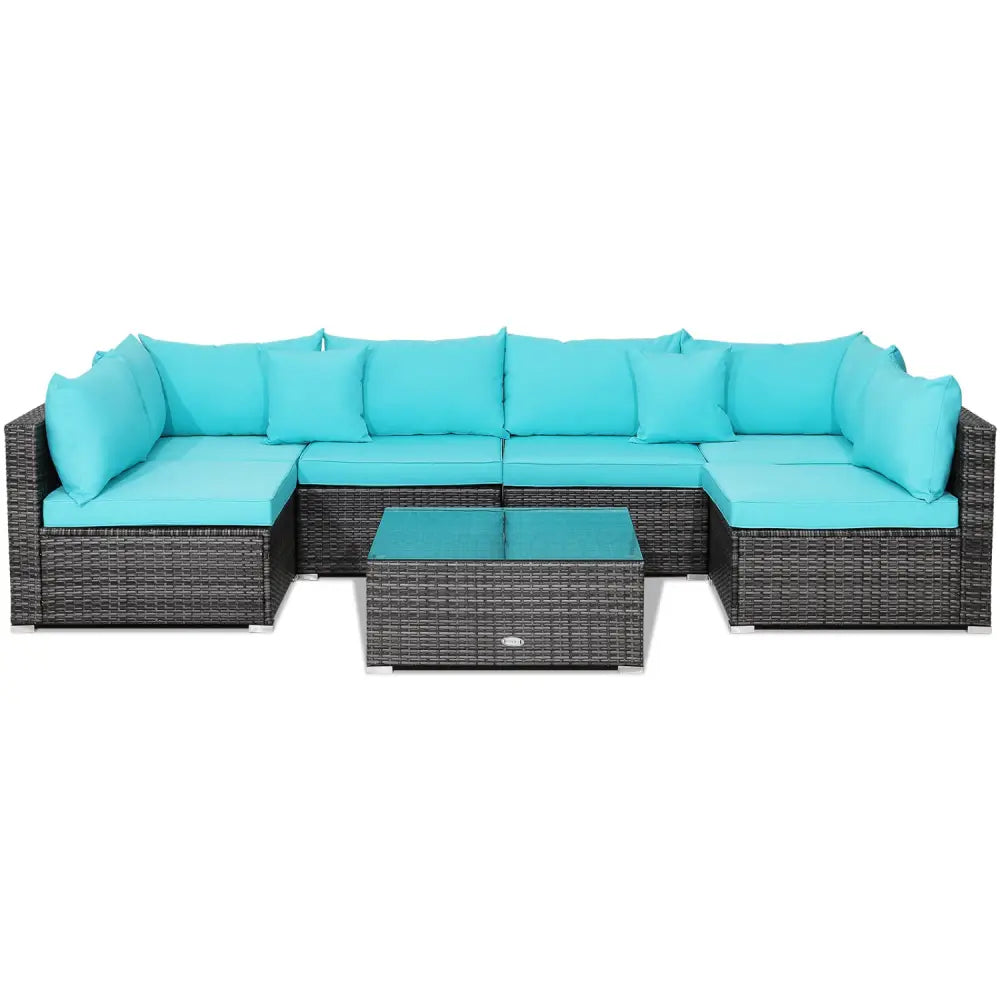7 Pieces Patio Rattan Furniture Set with Sectional Sofa Cushioned-Turquoise - Turquoise - Outdoor Sectionals