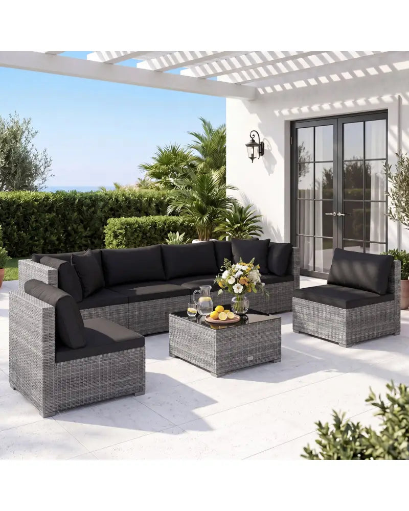7 Pieces Patio Rattan Furniture Set with Sectional Sofa Cushioned-Black - Black - Outdoor Sectionals