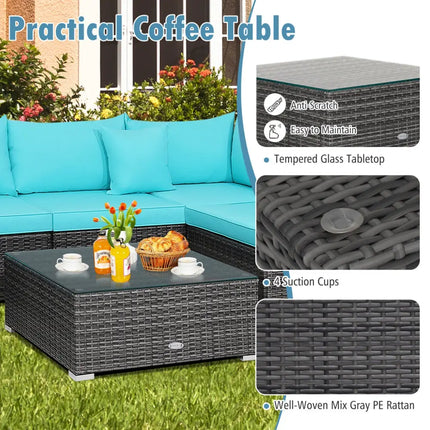 7 Pieces Patio Rattan Furniture Set with Sectional Sofa Cushioned-Turquoise - Turquoise - Outdoor Sectionals