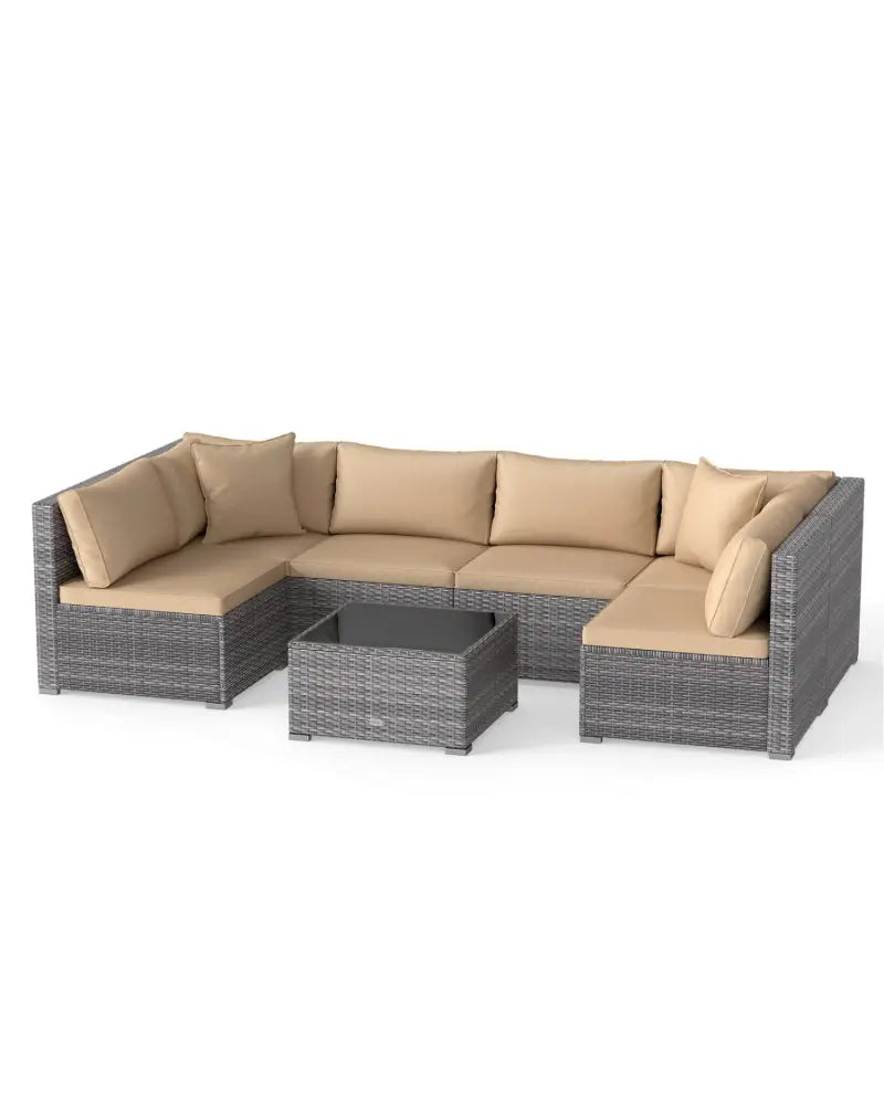 7 Pieces Patio Rattan Furniture Set with Sectional Sofa Cushioned-Beige - Beige - Outdoor Sectionals