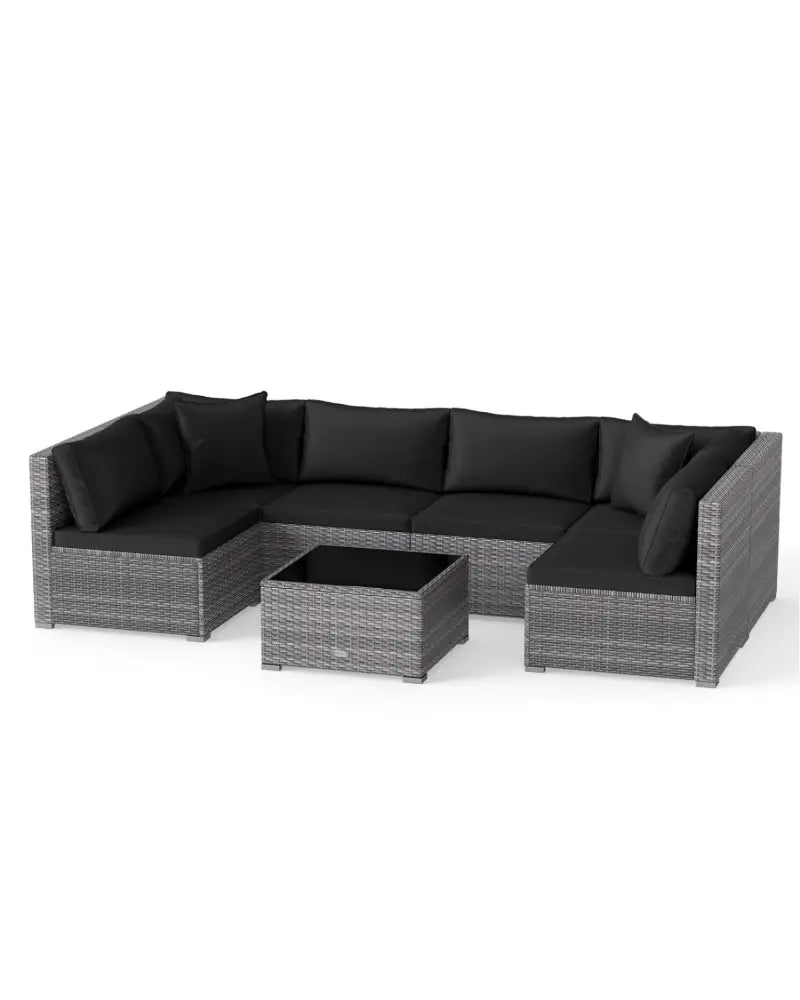 7 Pieces Patio Rattan Furniture Set with Sectional Sofa Cushioned-Black - Black - Outdoor Sectionals